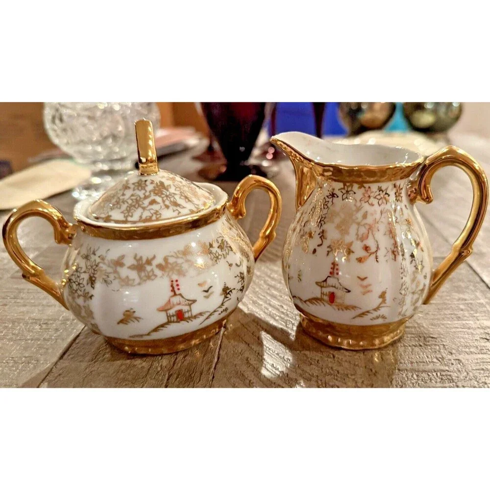 Vintage Tashiro Shoten Japan Porcelain Creamer & Sugar Bowl Set Gold Gilt Pagoda